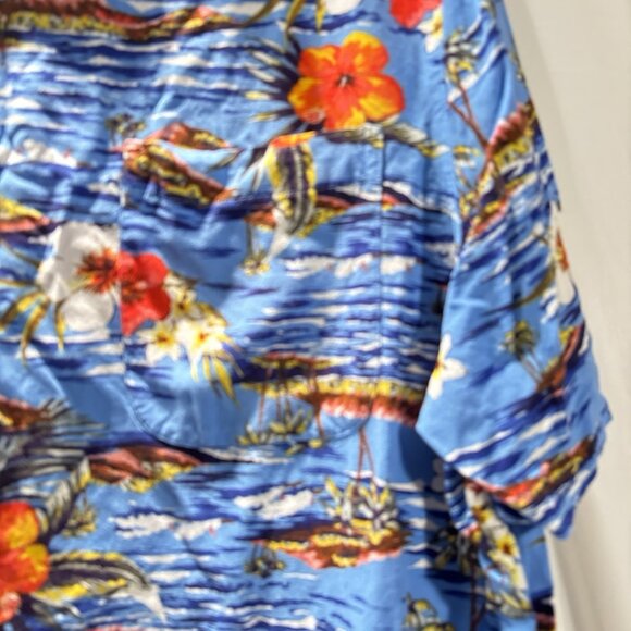 George Men Button Up Shirt 2XL Blue Floral Hawaiian Tropical Palm Trees Collar - Picture 2 of 11